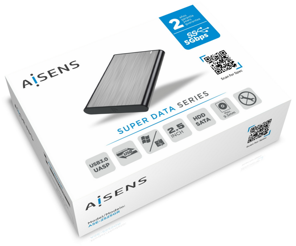 AISENS Caja Externa 2.5'' ASE-2525GR 9.5mm SATA A USB 3.0 / USB 3.1 Gen1, Gris