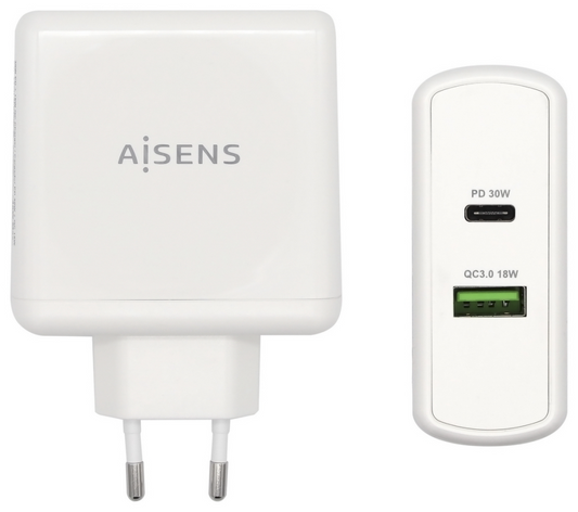AISENS Cargador 48 W, 1x USB-C PD3.0 30 W, 1x USB-A QC3.0 18 W, Blanco