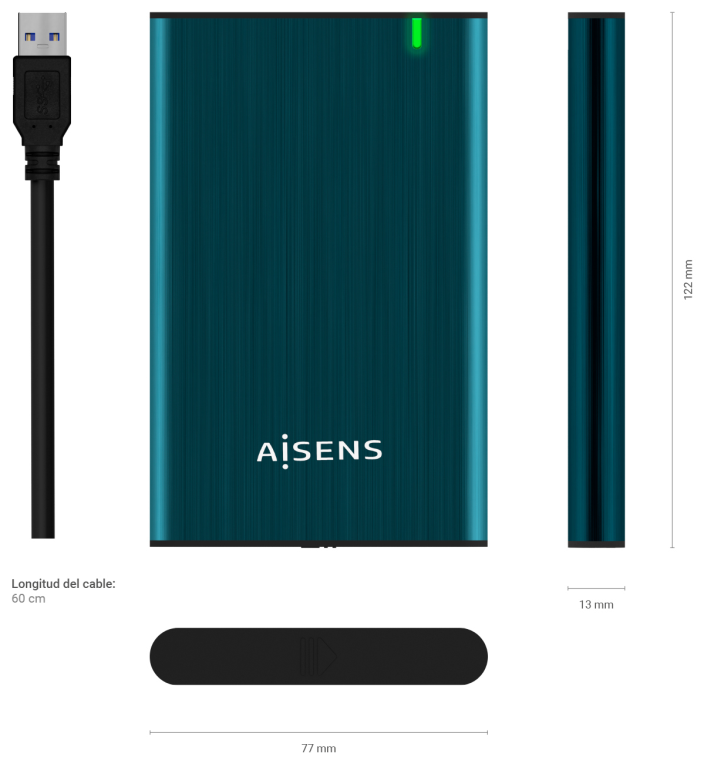 AISENS Caja Externa 2.5'' ASE-2525PB 9.5 mm SATA A USB 3.0/USB 3.1 Gen1, Azul Pacifico