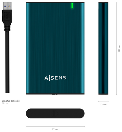 AISENS Caja Externa 2.5'' ASE-2525PB 9.5 mm SATA A USB 3.0/USB 3.1 Gen1, Azul Pacifico