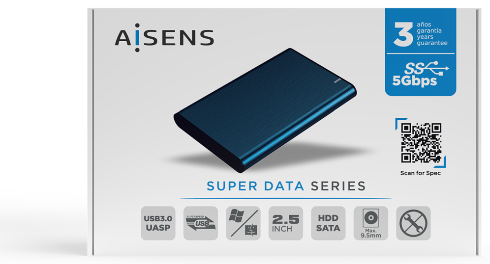AISENS Caja Externa 2.5'' ASE-2525PB 9.5 mm SATA A USB 3.0/USB 3.1 Gen1, Azul Pacifico