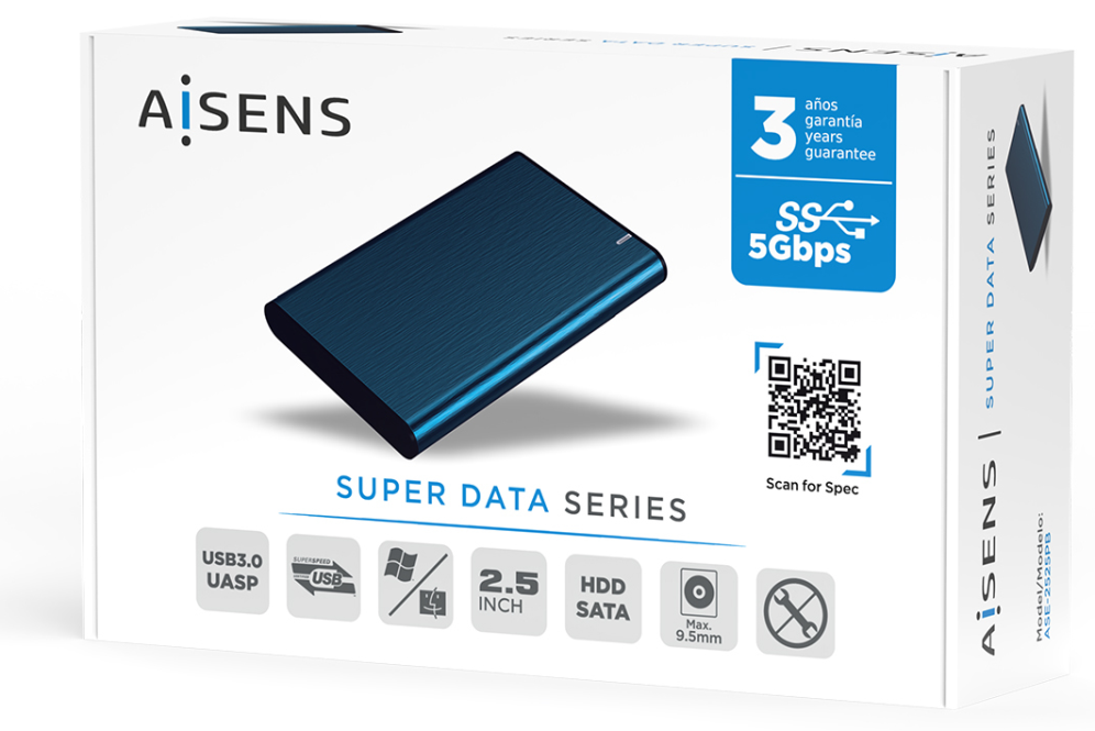 AISENS Caja Externa 2.5'' ASE-2525PB 9.5 mm SATA A USB 3.0/USB 3.1 Gen1, Azul Pacifico