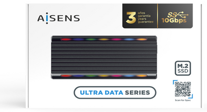 AISENS Caja Externa M.2 RGB Gaming ASM2-RGB012B SATA/NVMe A USB3.1 Gen2, Negra