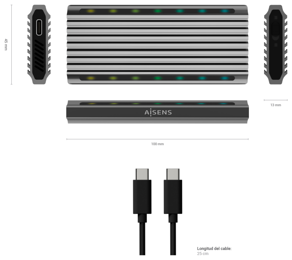 AISENS Caja Externa M.2 RGB Gaming ASM2-RGB011GR SATA/NVMe A USB3.1 Gen2, Gris