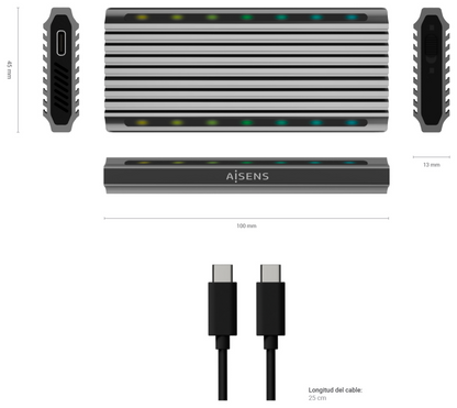 AISENS Caja Externa M.2 RGB Gaming ASM2-RGB011GR SATA/NVMe A USB3.1 Gen2, Gris