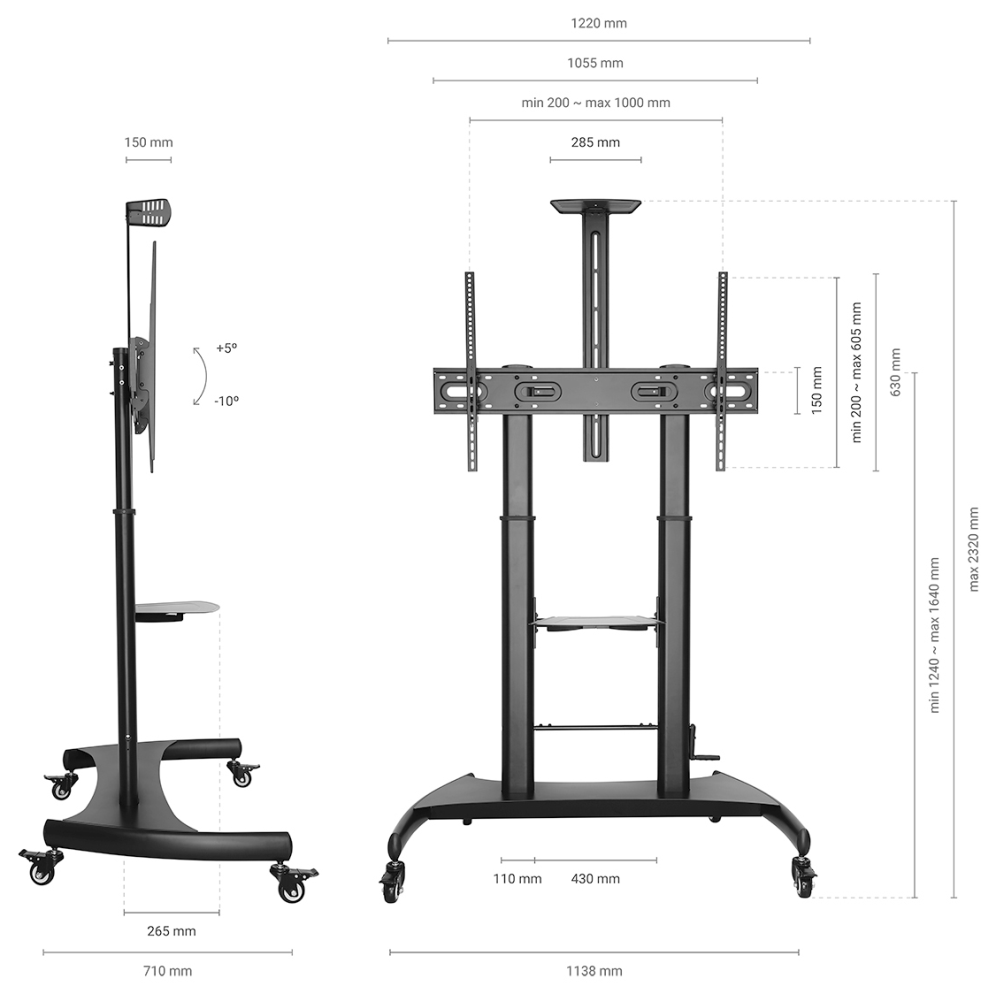 AISENS Soporte de Suelo ECO con Ruedas y Manivela, Bandeja para DVD y Soporte de Camara para Monitor/TV 100Kg de 60-100, Negro
