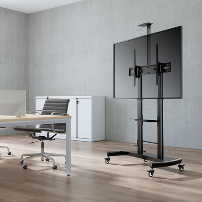 AISENS Soporte de Suelo ECO con Ruedas y Manivela, Bandeja para DVD y Soporte de Camara para Monitor/TV 100Kg de 60-100, Negro
