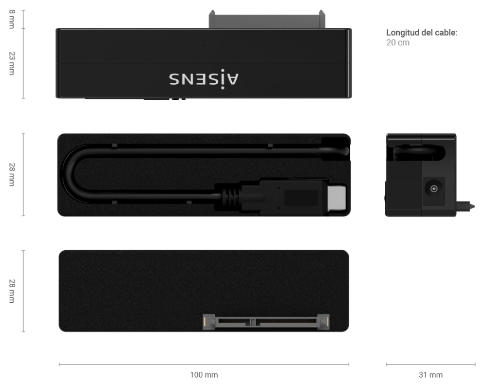 AISENS Adaptador ASE-35C02B SATA a USB-C USB 3.0/USB3.1 GEN1 para Discos Duros 2.5'' y 3.5'' con Alimentador, Negro