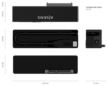 AISENS Adaptador ASE-35C02B SATA a USB-C USB 3.0/USB3.1 GEN1 para Discos Duros 2.5'' y 3.5'' con Alimentador, Negro
