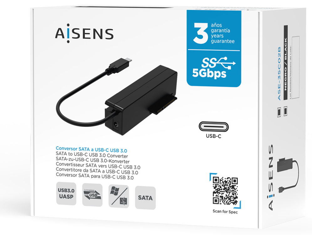 AISENS Adaptador ASE-35C02B SATA a USB-C USB 3.0/USB3.1 GEN1 para Discos Duros 2.5'' y 3.5'' con Alimentador, Negro