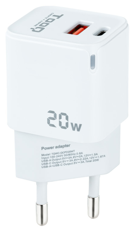 TooQ Cargador de Pared USB-C/PD + USB-A/QC 20W, Blanco