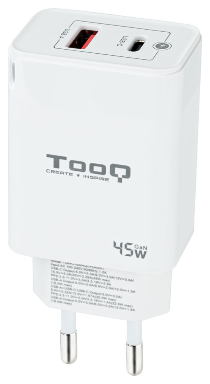 TooQ Cargador de Pared GaN USB-C/PD + USB-A/QC 45W, Blanco