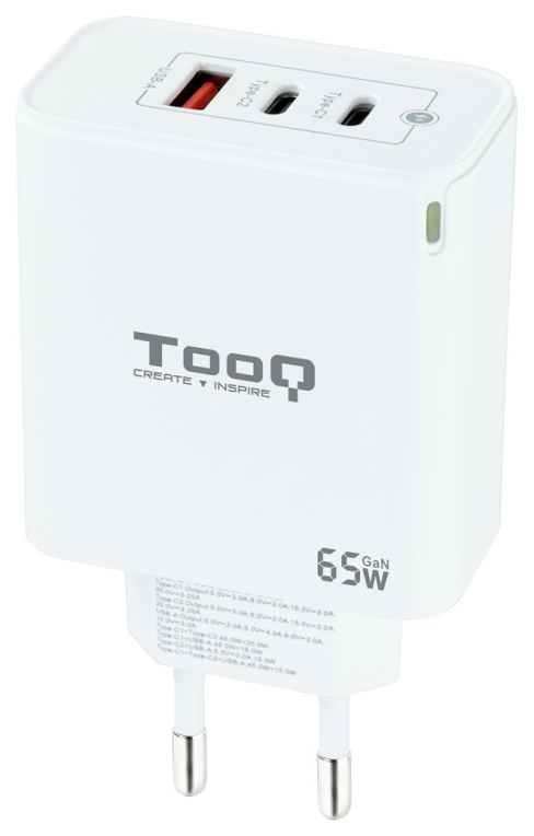TooQ Cargador de Pared GaN 2USB-C/PD + USB-A/QC 65W, Blanco