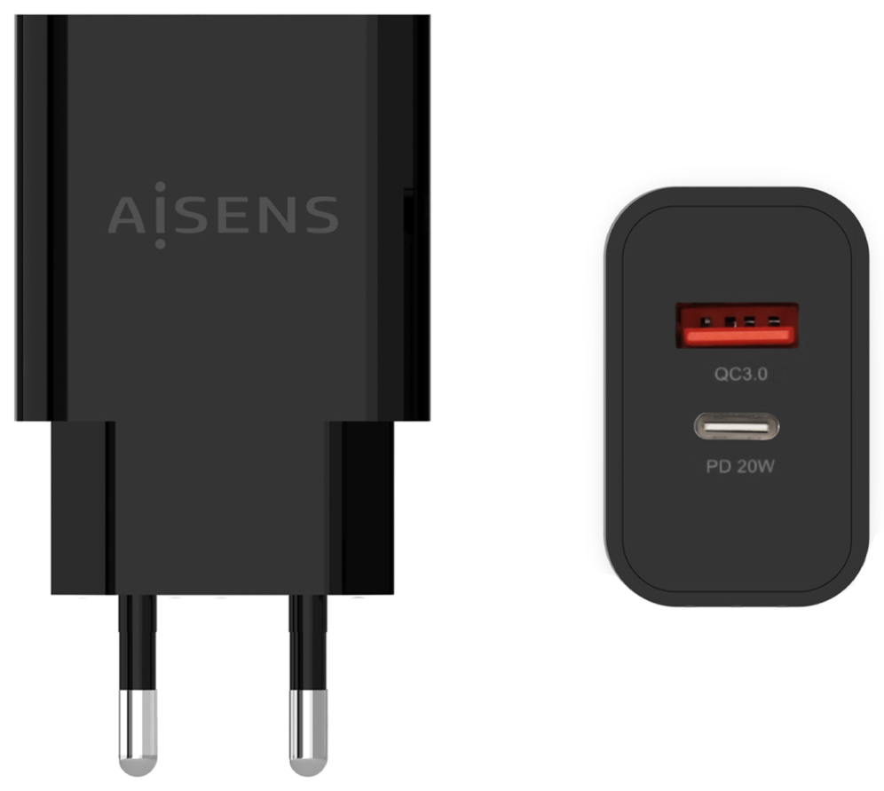 AISENS Cargador 20W, 1xUSB-C PD3.0, 1xUSB-A QC3.0, Negro