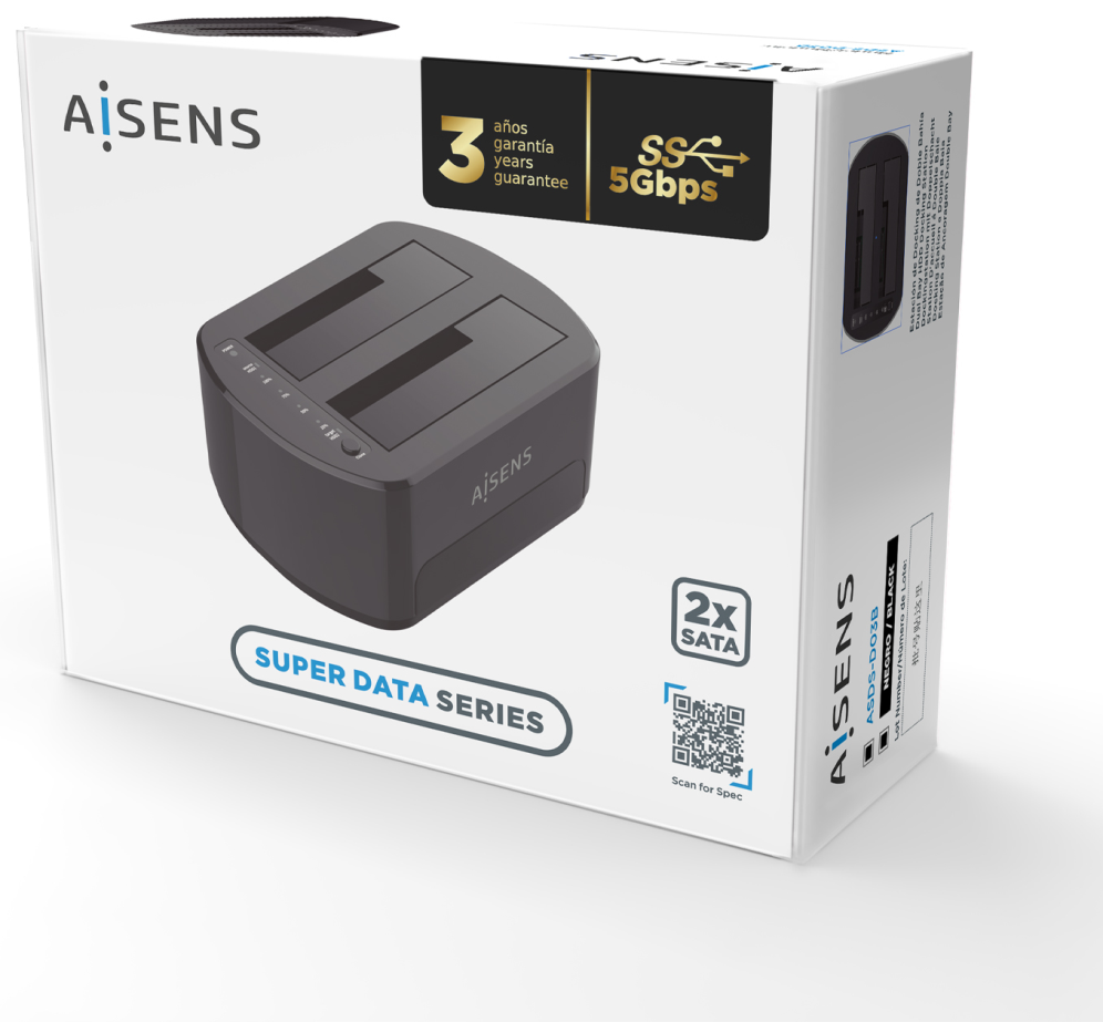 AISENS Estacion de Docking de Doble Bahia ASDS-D03B SATA 2.5/3.5 a USB 3.0/3.1 Gen1, Clone, Negra