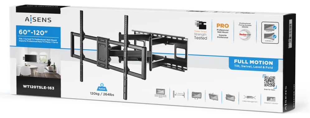 AISENS Soporte Pro Giratorio, Inclinable Y Nivelable Para Monitor/tv 120kg De 60-120, Negro