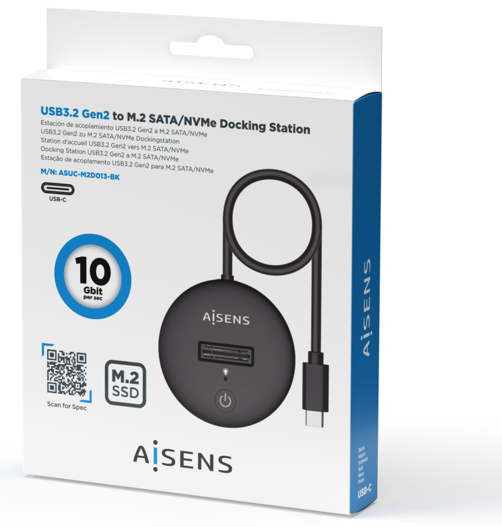 AISENS USB-C Dock M.2 (NGFF) ASUC-M2D013-BK SATA/NVMe A USB3.1 Gen2, Negra