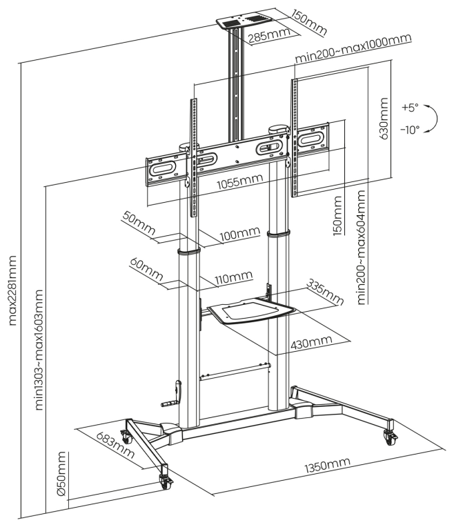 AISENS Soporte de Suelo ECO con Ruedas y Manivela, Bandeja para DVD y Soporte de Camara para Monitor/TV 100Kg de 60-100, Negro