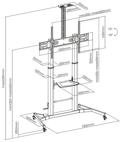 AISENS Soporte de Suelo ECO con Ruedas y Manivela, Bandeja para DVD y Soporte de Camara para Monitor/TV 100Kg de 60-100, Negro