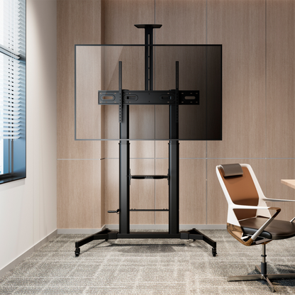 AISENS Soporte de Suelo ECO con Ruedas y Manivela, Bandeja para DVD y Soporte de Camara para Monitor/TV 100Kg de 60-100, Negro