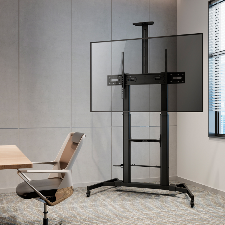 AISENS Soporte de Suelo ECO con Ruedas y Manivela, Bandeja para DVD y Soporte de Camara para Monitor/TV 100Kg de 60-100, Negro