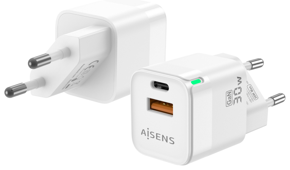 AISENS Cargador Gan 30W, 1xUSB-C PD3.0 QC4.0, 1xUSB-A QC3.0, Blanco