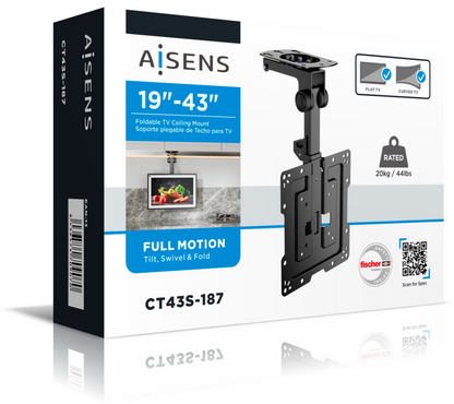 AISENS Soporte de Techo Giratorio, Plegable para Monitor/TV 20Kg de 19-43, Negro