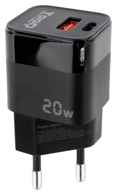 TooQ Cargador de Pared USB-C/PD + USB-A/QC 20W, Negro