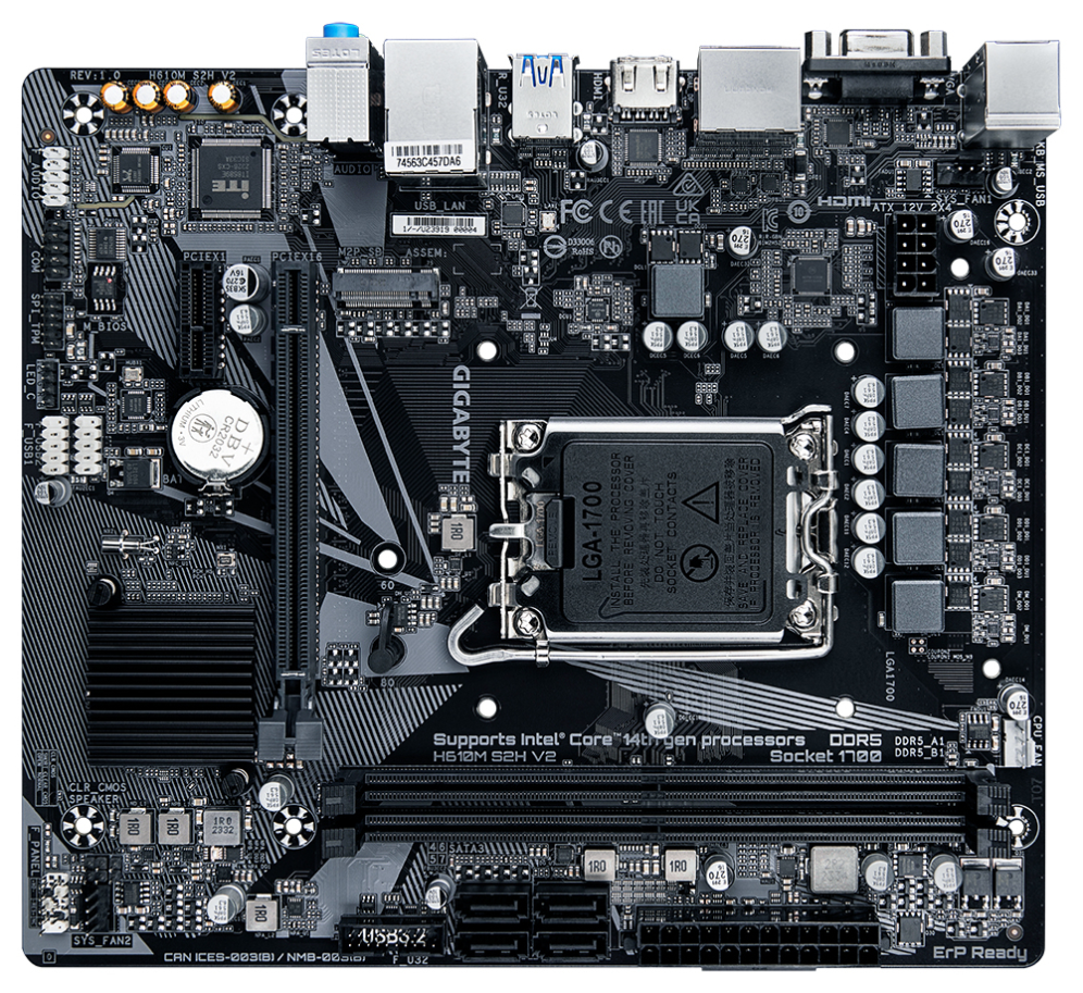 GIGABYTE H610M S2H V2 Placa base - Soporta CPUs Intel Core de 14ª generación, 4+1+1 Fases Híbridas VRM Digital, hasta 5600MHz DDR5, 1xPCIe 3.0 M.2, GbE LAN, USB 3.2 Gen 1