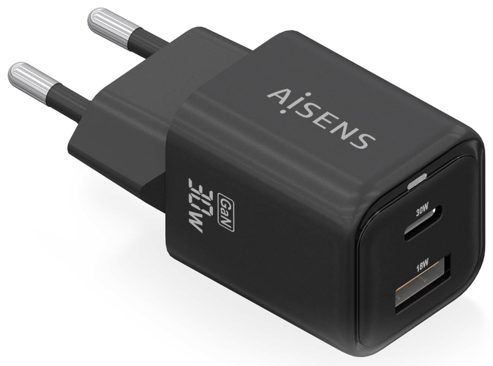 AISENS ASCH-30W2P021-BK cargador de dispositivo movil Universal Corriente alterna Carga rapida Interior