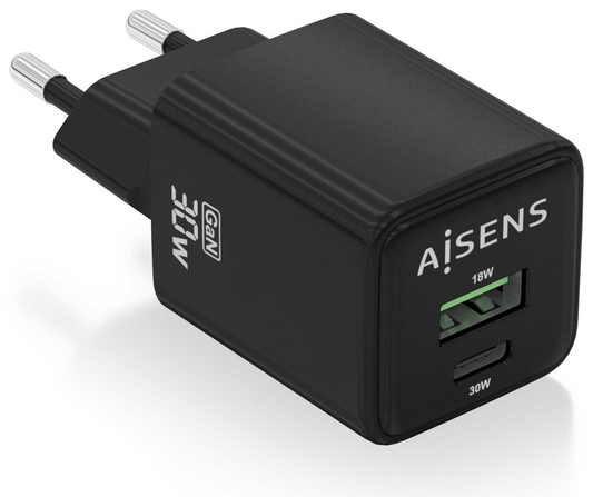AISENS ASCH-30W2P038-BK cargador de dispositivo movil Universal Corriente alterna Carga rapida Interior