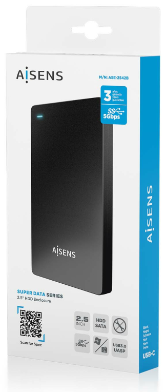 AISENS ASE-2542B caja para disco duro externo Caja de disco duro (HDD) Negro 2.5''