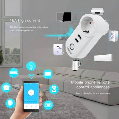 Enchufe inteligente 16A 3680W WiFi Blanco con dos puertos USB compatible con Google Home, Alexa y IFTTT