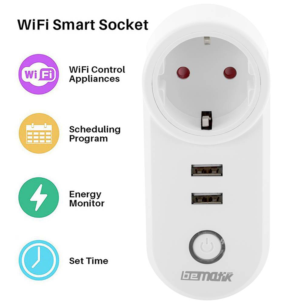 Enchufe inteligente 16A 3680W WiFi Blanco con dos puertos USB compatible con Google Home, Alexa y IFTTT