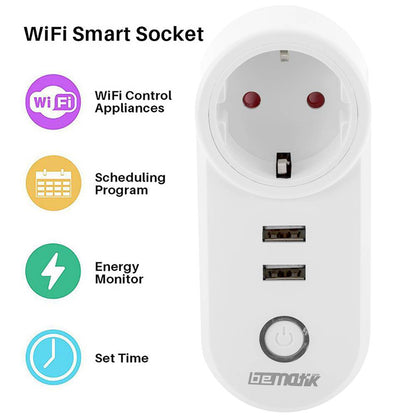 Enchufe inteligente 16A 3680W WiFi Blanco con dos puertos USB compatible con Google Home, Alexa y IFTTT