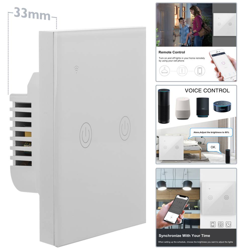 Interruptor inteligente táctil doble en color blanco compatible con Google Home, Alexa y IFTTT