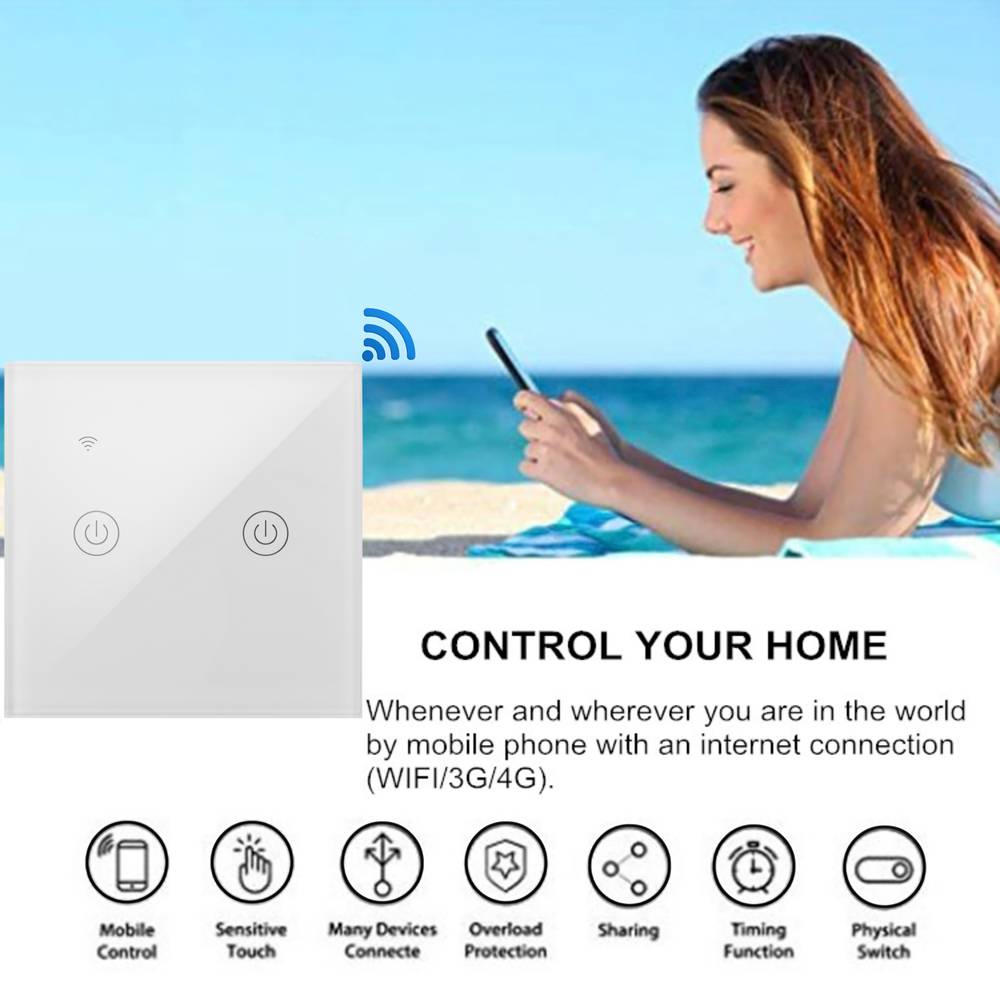 Interruptor inteligente táctil doble en color blanco compatible con Google Home, Alexa y IFTTT