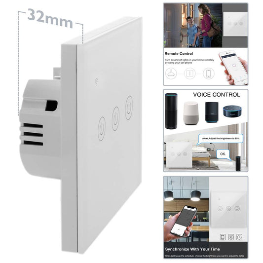 Interruptor inteligente táctil triple en color blanco compatible con Google Home, Alexa y IFTTT