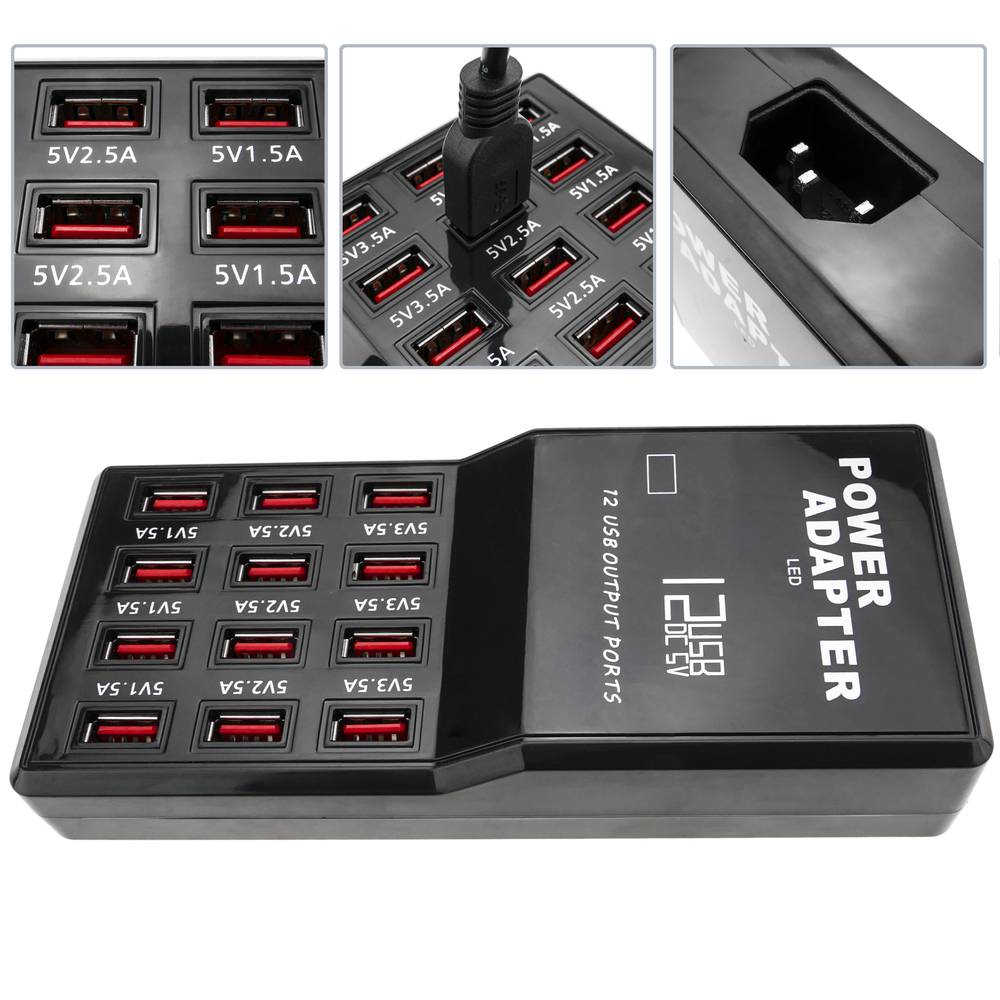 Regleta de alimentación USB A hembra 5VDC 12A con 12 puertos USB