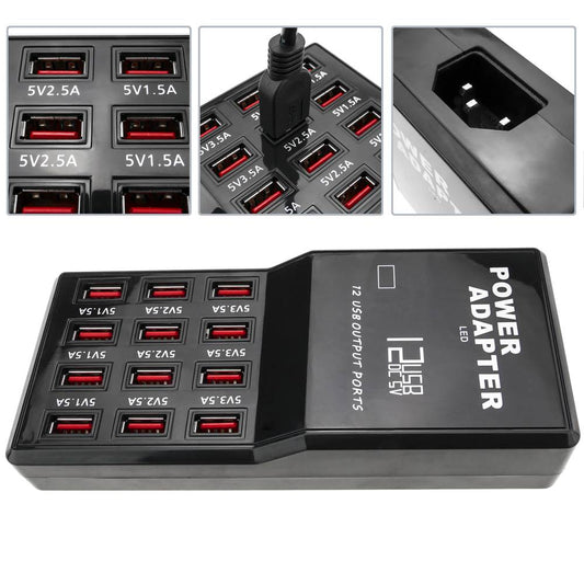Regleta de alimentación USB A hembra 5VDC 12A con 12 puertos USB