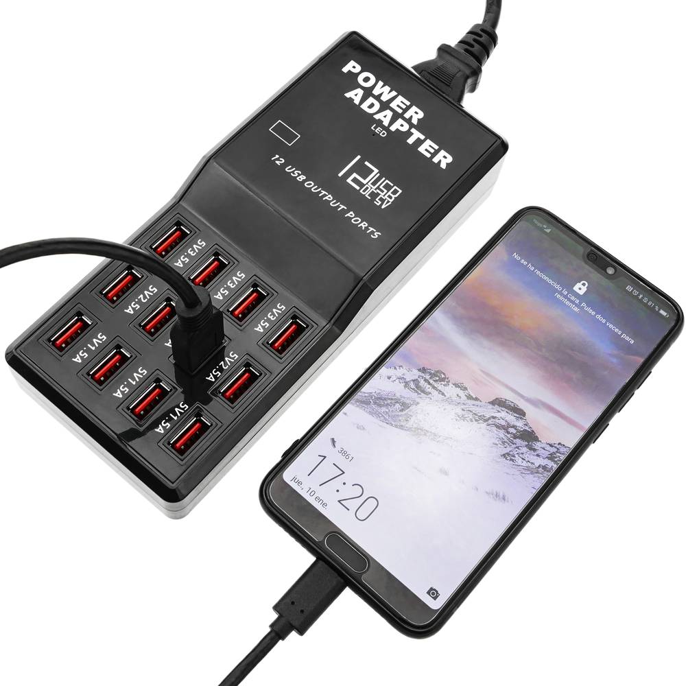 Regleta de alimentación USB A hembra 5VDC 12A con 12 puertos USB