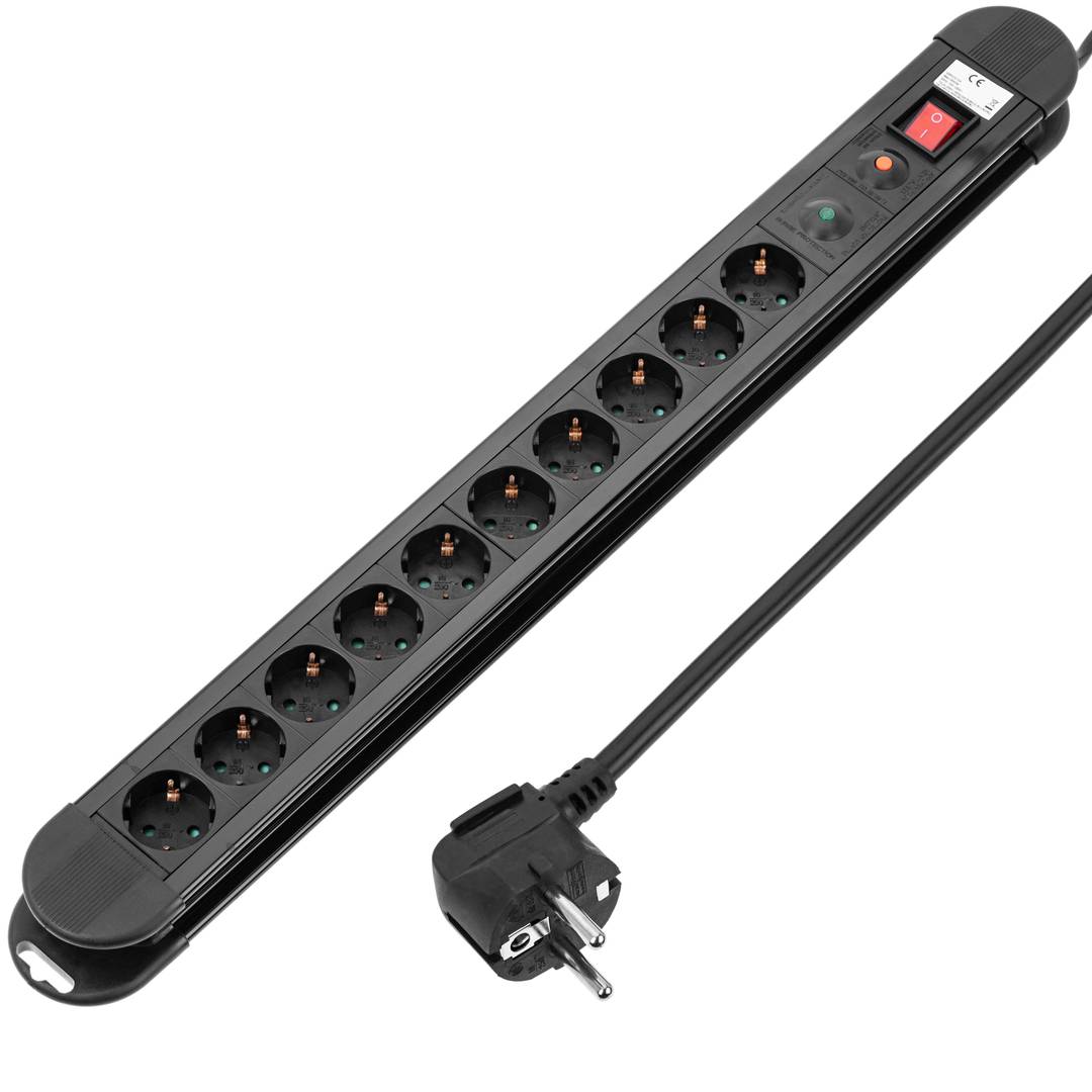 Regleta de enchufes 10 schuko con interruptor y protección sobretensiones negro (1.5m cable)