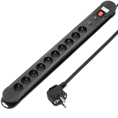 Regleta de enchufes 10 schuko con interruptor y protección sobretensiones negro (1.5m cable)
