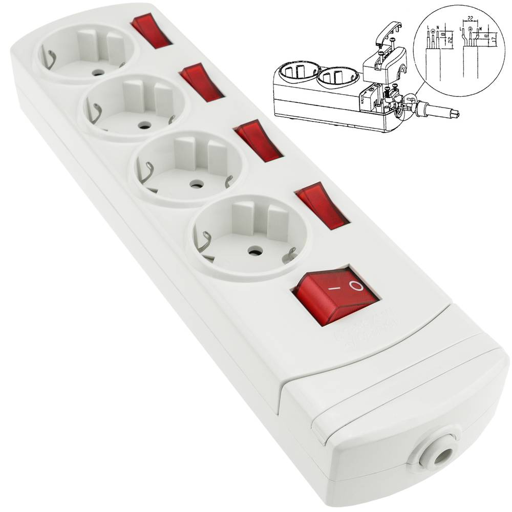 Regleta de 4 enchufes schuko con interruptor individual sin cable