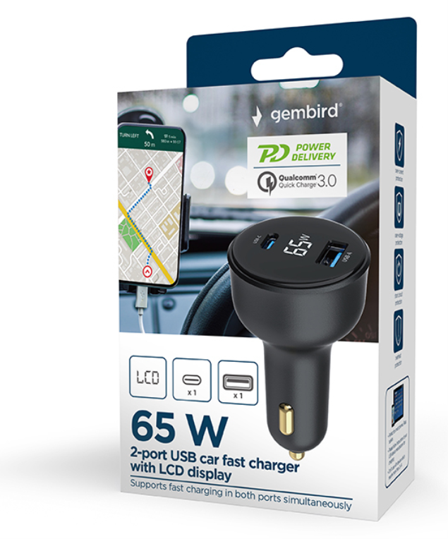 Gembird TA-UC-AC2PD65LCD-CAR-01 cargador de dispositivo movil Universal Negro Encendedor de cigarrillos Carga rapida Auto