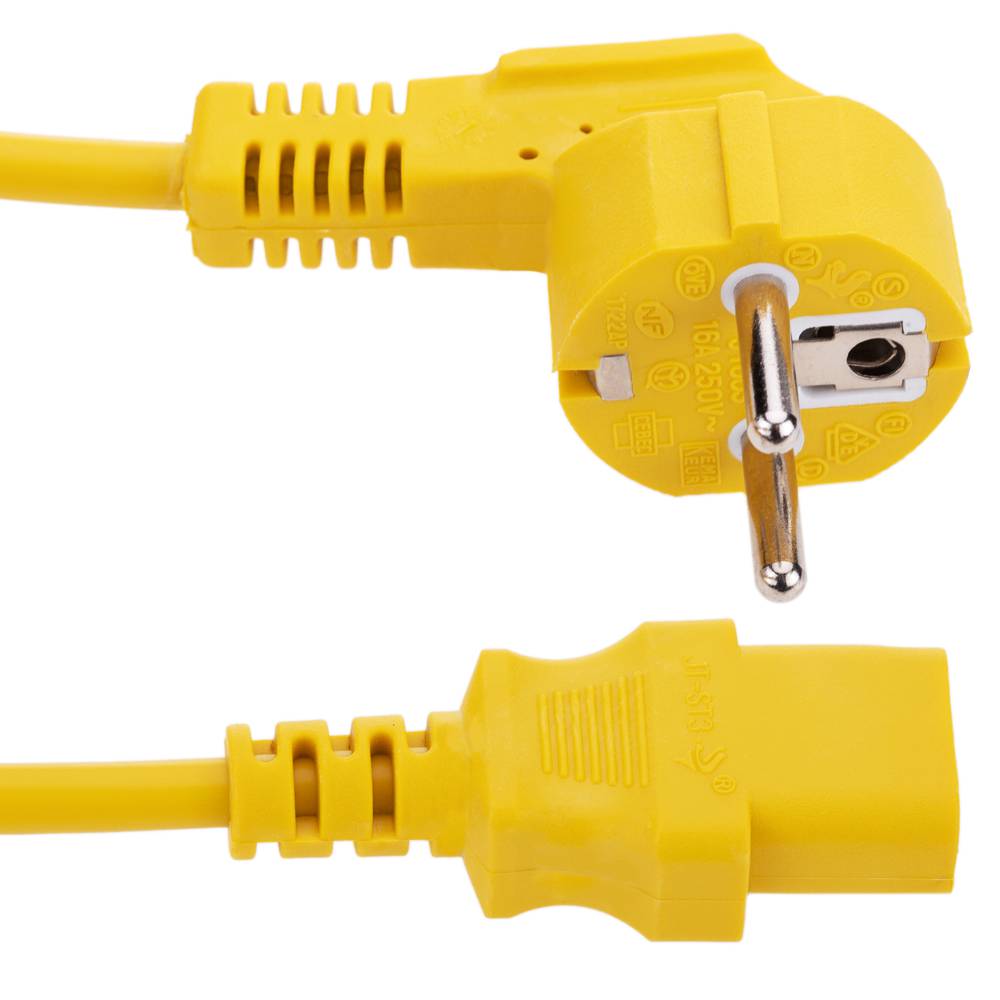 Cable eléctrico de alimentación IEC60320 C13 a schuko macho acodado de color amarillo 3m