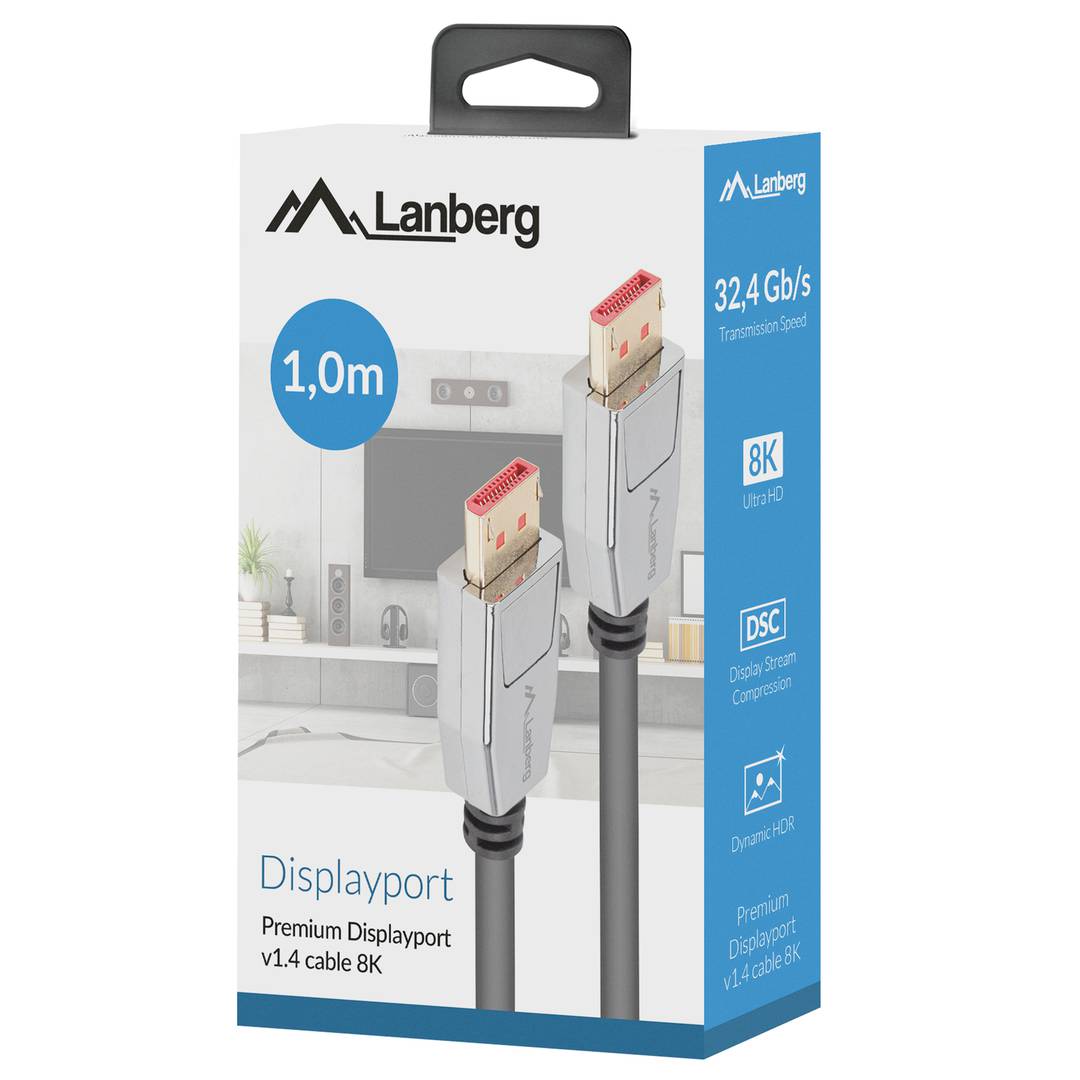 Cable Lanberg DisplayPort 1.4 macho a DisplayPort 1.4 macho 20 pines 1m 8k negro CA-DPDP-20CU-0010-BK