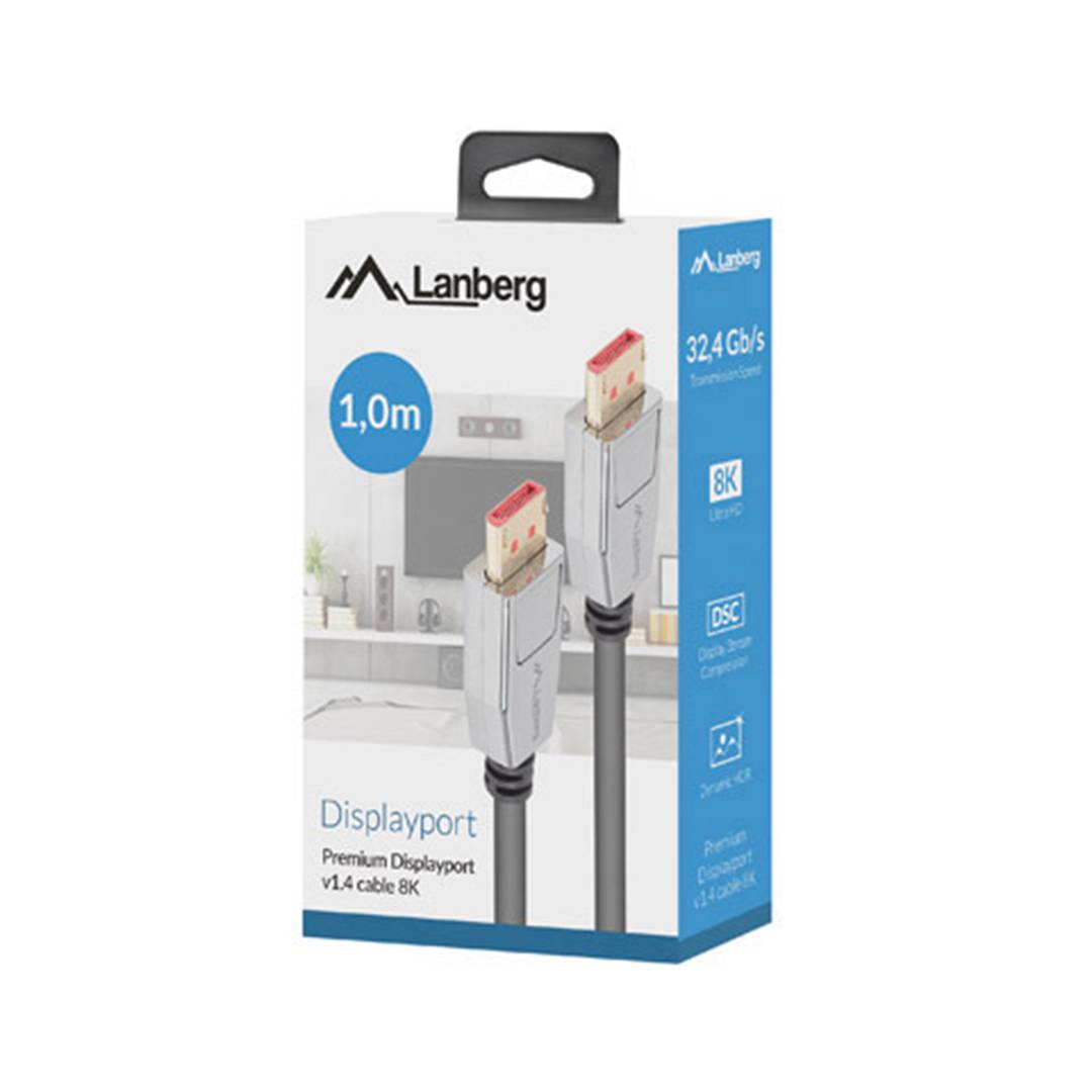 Cable Lanberg DisplayPort 1.4 macho a DisplayPort 1.4 macho 20 pines 1m 8k negro CA-DPDP-20CU-0010-BK