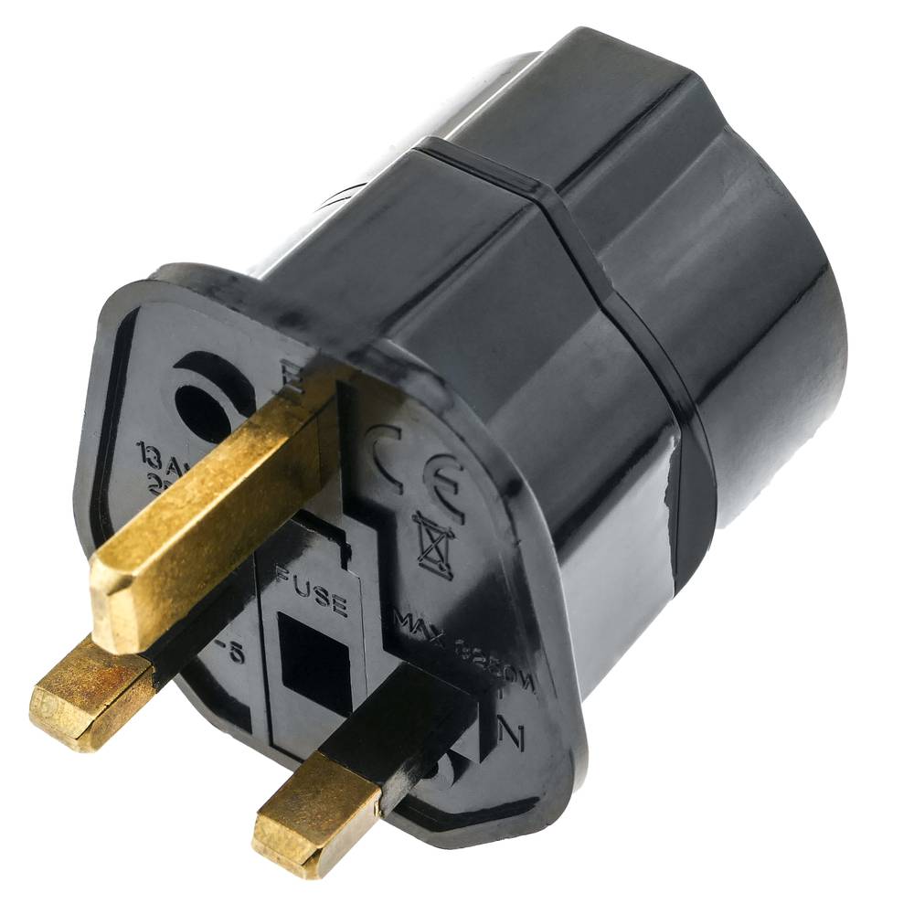 Adaptador enchufe Europa a Reino Unido tipo clavija schuko hembra a clavija BS1363 macho negro