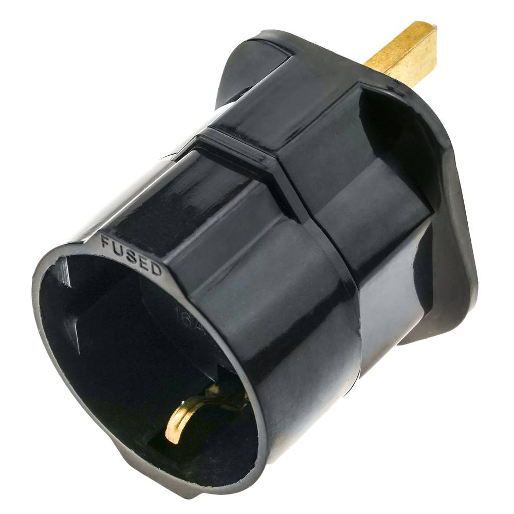Adaptador enchufe Europa a Reino Unido tipo clavija schuko hembra a clavija BS1363 macho negro